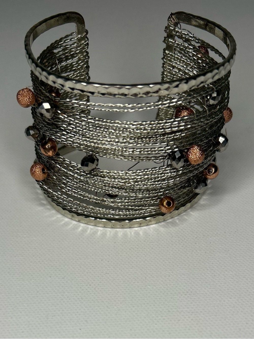 Silver Multi-layer Wire Cuff Bangle Bracelet With Rose Gold & Black Beads Boho